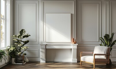 Minimalist living room with a blank canvas on the mantel