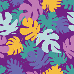 Naklejka premium Elegant monstera leaves seamless pattern. Perfect for T-shirt, textile and fabric. Hand drawn vector illustration.