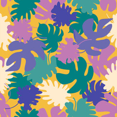 Colorful vivid monstera leaves seamless pattern. Perfect print for tee, textile and fabric. Hand drawn vector illustration.