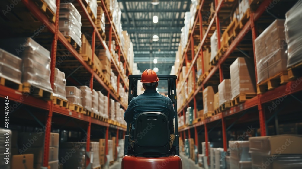 Poster smart warehouse worker or operator driving forklift and lifted product surrounded with box at storag