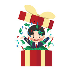 Businessman inside gift box throwing dollar cash