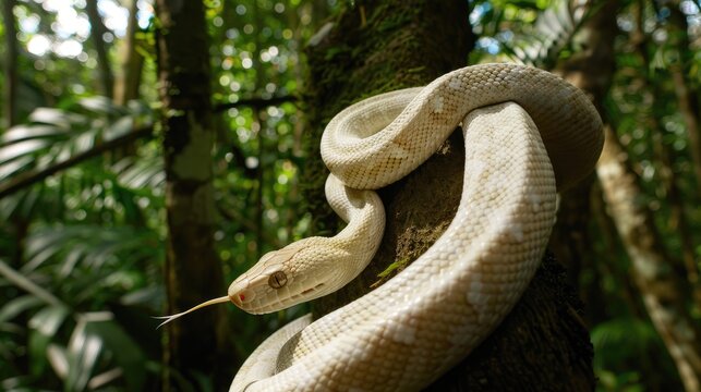 A close-up shot of an albino python coiled around a tree trunk in a lush, green jungle setting, highlighting its unique texture and color
