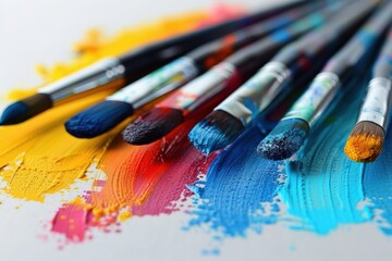 Obraz premium Colorful paintbrushes with vibrant mixed paints on canvas, showcasing art supplies for painting and creativity expressions in an artistic setting.