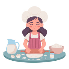 Girl Chef Kneading Dough at Kitchen Table: Vector Illustration