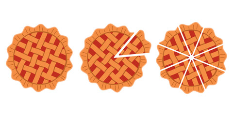 Set of pie and slices. Top view of delicious homemade pies. Hand drawn