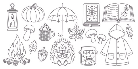 Autumn set in line art style, hand-drawn