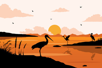 View of the stork on the lake. Summer day vector illustration poster design template