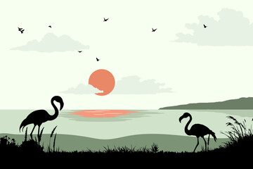 View of flamingos on the beach. Summer day vector illustration poster design template