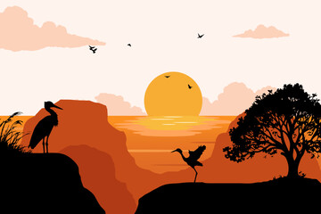 Naklejka premium View of a heron on a lake cliff. Summer day vector illustration poster design template