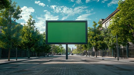 Unique and attractive vertical blank green screen billboard mock-up at public squre, chrming historic district
