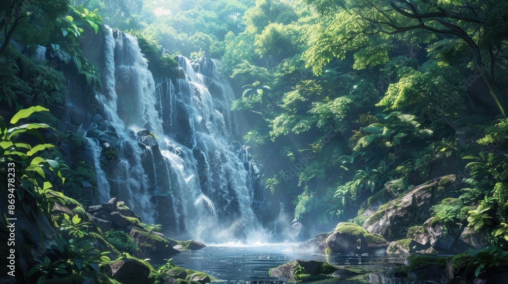Aufkleber serene waterfall cascading through a lush, green forest with sunlight filtering through the trees, c