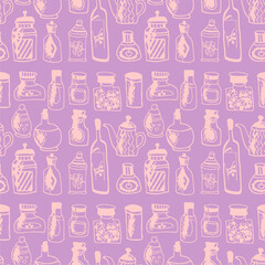Seamless print pattern with jars and bottles with different food kitchen wallpaper background for textile, paper
