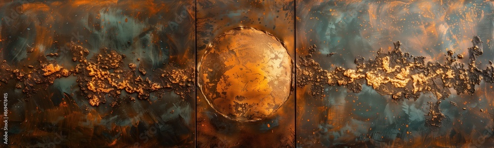 Poster artistic abstract image of a metallic surface with a central circular shape and textured patterns in