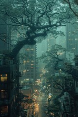 Obraz premium Misty urban cityscape with towering buildings, leafless trees, and glowing street lights creating an eerie, atmospheric night scene.