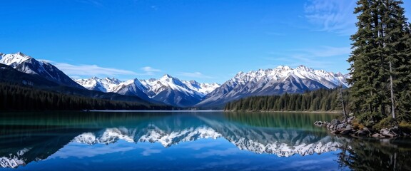 Beautiful snowy mountains reflecting on calm lake under bright blue sky. Generative AI