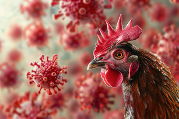 Rooster with red comb surrounded by virus cells floating in the air, concept of bird flu and avian influenza spreading