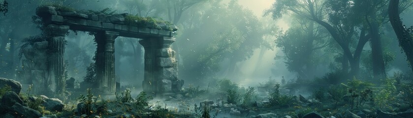 Obraz premium A mystical ancient ruin in a lush, foggy forest at dawn, with rays of sunlight streaming through the trees, creating a serene and mysterious atmosphere.