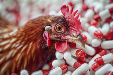 Brown hen is surrounded by a pile of red and white pills, highlighting the use of medication in poultry farming