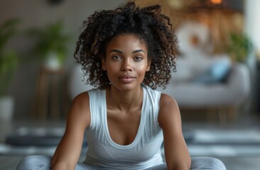Fototapeta premium Close-up of a woman with curly hair doing yoga at home, focused and serene, in natural light.