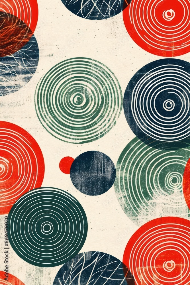 Poster abstract geometric pattern with colorful circles in red, green, and blue, creating a modern, dynamic