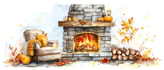 A cozy autumn fire place on white background