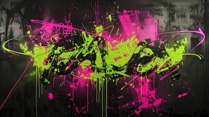 Neon green and pink splashes on a dark urban graffiti background.