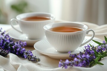 Two white cups of lavender tea on a table with fresh lavender flowers, creating a serene atmosphere.