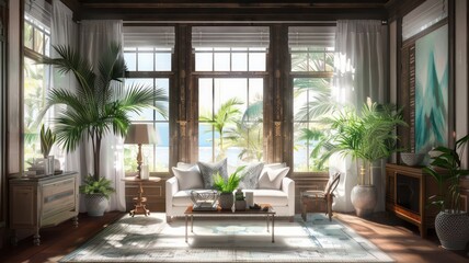 Fototapeta premium A living room with a large window overlooking the ocean. The room is decorated with plants and has a white couch and a coffee table