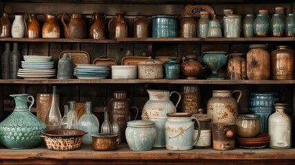 A shelf full of old pottery and dishes. The shelf is full of various sizes and shapes of dishes and vases. Scene is nostalgic and vintage