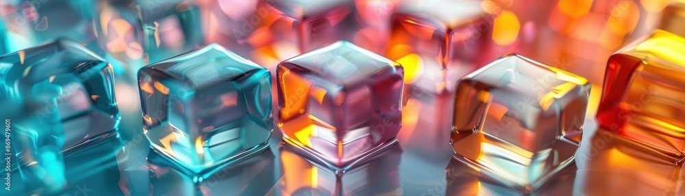 Poster vibrant close-up of colorful translucent cubes placed on a reflective surface, illuminated with rich
