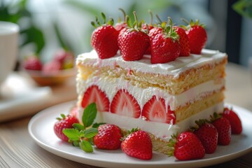 Delicious strawberry shortcake with layers of cream and fresh strawberries, beautifully presented on a white plate for a sweet dessert treat.