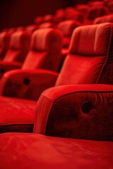 Close-up of luxurious red cinema seats, ready for movie night, highlighting comfort and elegance in a modern theater setting.