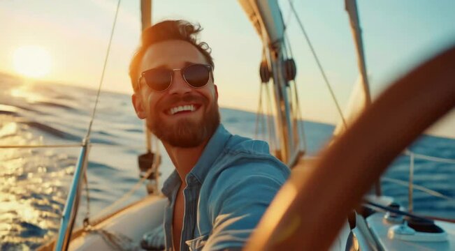 Joyful man with a beard and sunglasses sailing on a boat at sunset. The man is smiling broadly, enjoying the serene ocean view and the golden light of the setting sun.