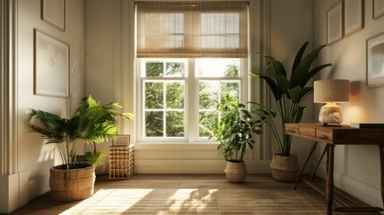 A room with a window and a desk. The room is very clean and has a lot of plants