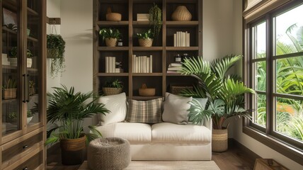 A living room with a white couch and a lot of plants. The plants are in baskets and there are many books on the shelves. The room has a cozy and inviting atmosphere