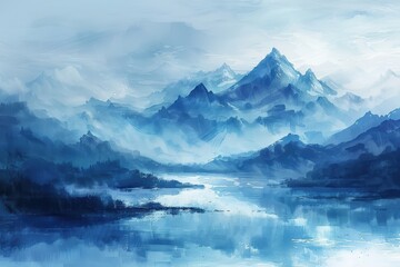 Beautiful serene mountainous landscape with misty blue hues reflected on a calm lake, evoking tranquility and natural beauty.