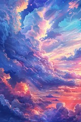 A breathtaking digital painting of a vivid and colorful sky with dramatic clouds at sunset, blending hues of purple, pink, orange, and blue.