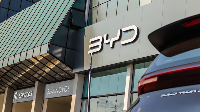 BYD eletric car and facade store. Photo made in Mogi das Cruzes, SP, Brazil in June 30 2024