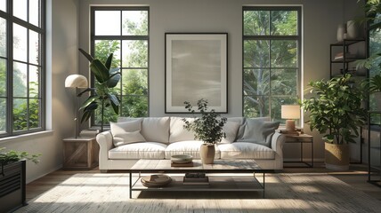 A living room with a white couch, a coffee table, and a potted plant. The room is bright and airy, with large windows letting in plenty of natural light