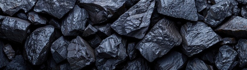 Close-up of black coal pieces, showing their rough and textured surfaces. A detailed look at natural coal in various shapes and sizes.