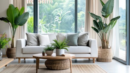 A living room with a white couch and a coffee table. There are two potted plants on the table and a few more on the floor. The room has a cozy and welcoming atmosphere