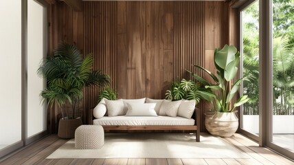 A living room with a couch, a potted plant, and a vase. The room has a warm and inviting atmosphere
