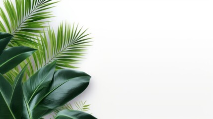 Minimalist summer banner with tropical leaves on white background, clean and fresh design.
