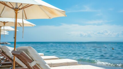 Obraz premium The coast of a resort beach with sun loungers and sun areas. The concept of summer vacation, travel. 