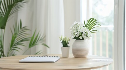 Fototapeta premium A table with a white notebook and a vase of white flowers. The notebook is open and has a pen on it. The scene is simple and peaceful