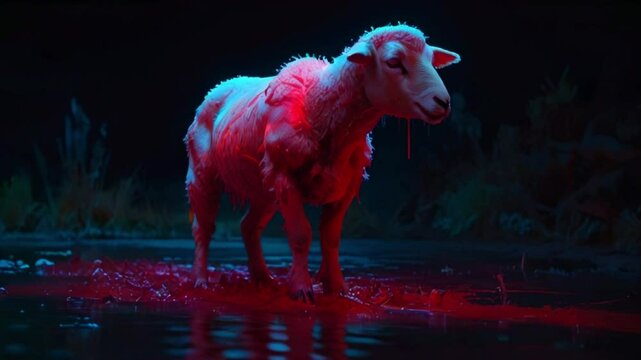 A sheep standing in a pool of blood. The sheep is facing the camera and is illuminated by a red blood, which gives the scene an eerie appearance.