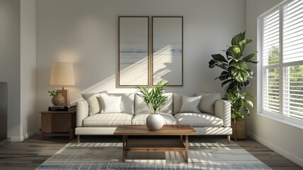 Fototapeta premium A living room with a white couch, a coffee table, and a potted plant. The room is well-lit and has a clean, minimalist look