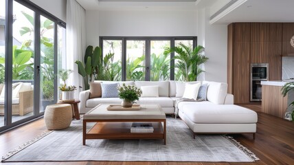 Fototapeta premium A large white sectional sofa is surrounded by a coffee table and a rug. The living room is filled with potted plants and has a modern, clean look