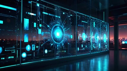 A futuristic city at night with a large digital screen showing a blue and green circuit board with a glowing blue and white center. - Powered by Adobe