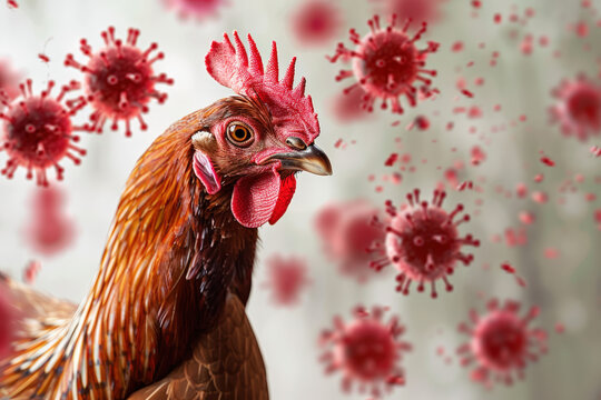 Chicken is surrounded by spreading  virus, representing the concept of avian flu